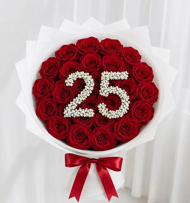 ramo de rosas rojas con un número 25