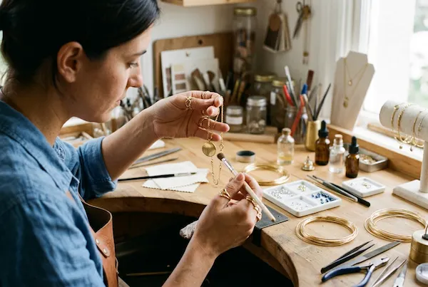 Una artesana en su taller puliendo y limpiando un collar de oro con un pincel fino sobre una mesa llena de herramientas de joyería.